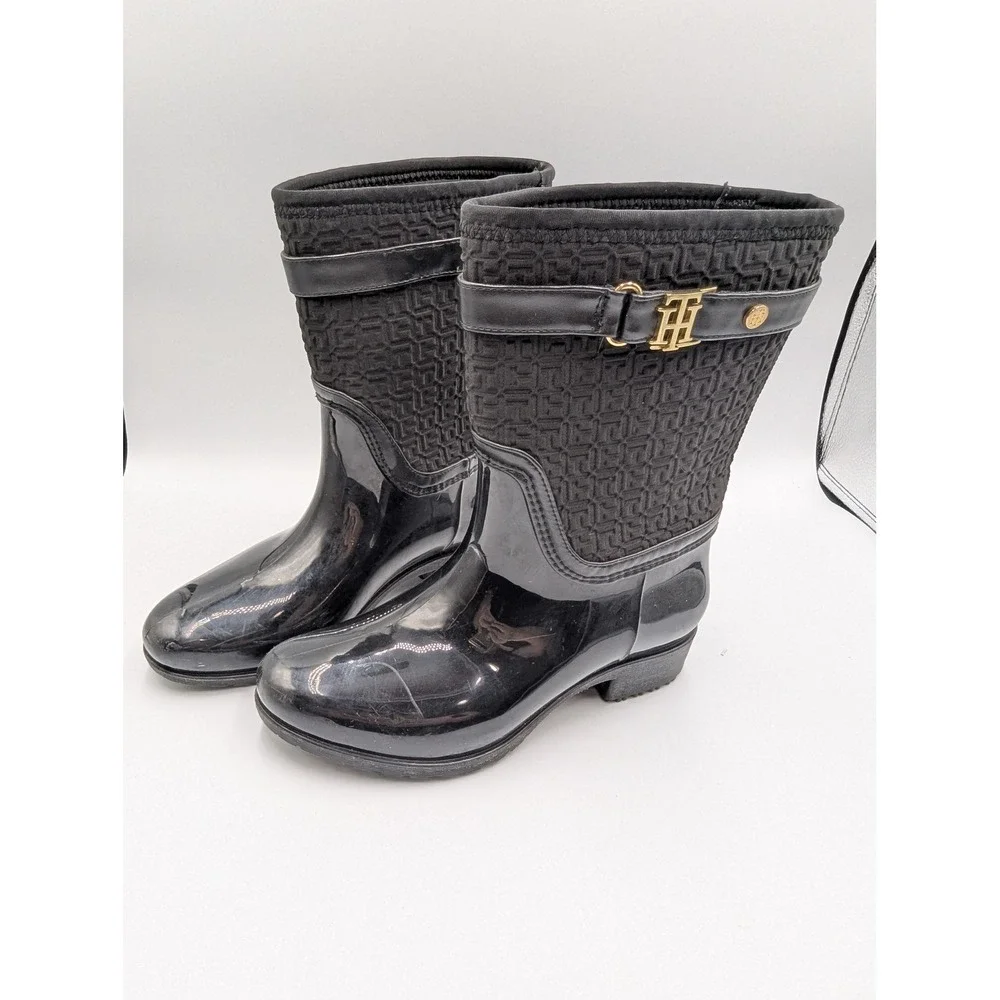Tommy Hilfiger Rain Boots Black Floredo Monogram Buckle 6M